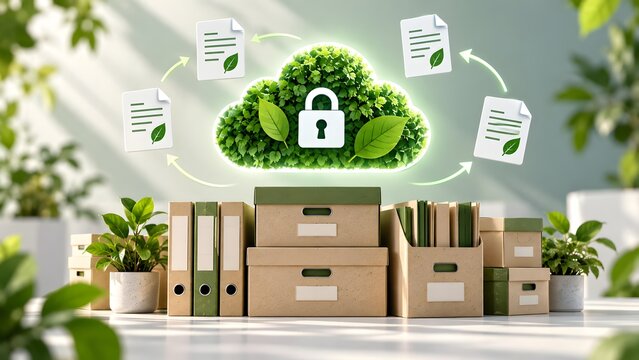 Green cloud computing network concept with secure padlock and circulating digital documents over cardboard archive boxes and binders
