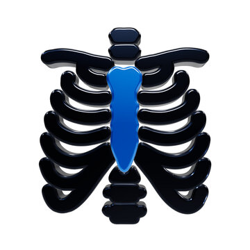 A3d rendered of a human rib cage with a prominent glossy blue sternum, set against a dark background, symbolizing skeletal anatomy, medical research, thoracic surgery, and bone health