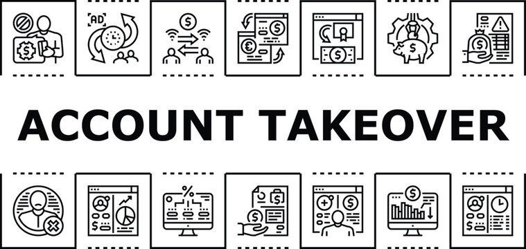 Account takeover banner infographic. Password malware, hijack access, phishing protection icon vector illustration
