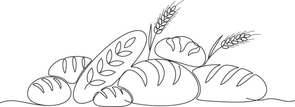 Continuous single line drawing of fresh baked artisan bread loaves with wheat stalks continuous minimalist sourdough
