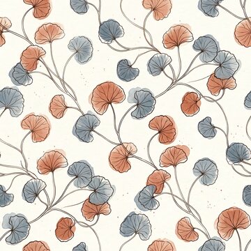 Watercolor Ginkgo Leaves Seamless Pattern with Blue and Orange Foliage