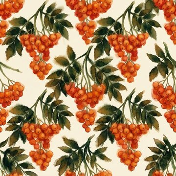 Watercolor Rowan Berries Pattern with Autumn Foliage Symbolizing Nature