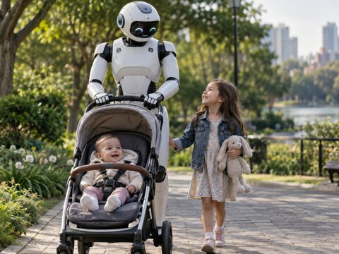 Humanoider Roboter schiebt einen Kinderwagen im Park, begleitet von einem M&auml;dchen mit Stofftier. Familienfreundliche Hilfe und Zukunft moderner Betreuung im Freien.