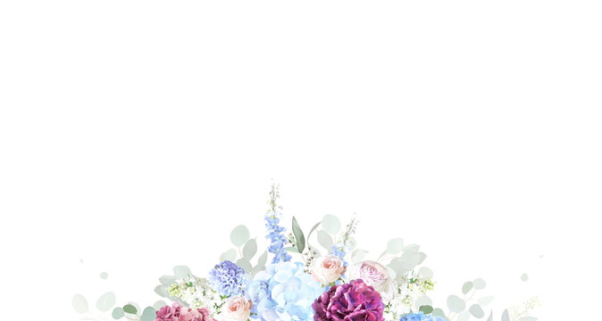 Dusty blue hydrangea, rose, hyacinth, eucalyptus vector frame. Hand painted branches, rose, hydrangea white background. Greenery wedding invitation. Watercolor card. Elements are isolated and editable