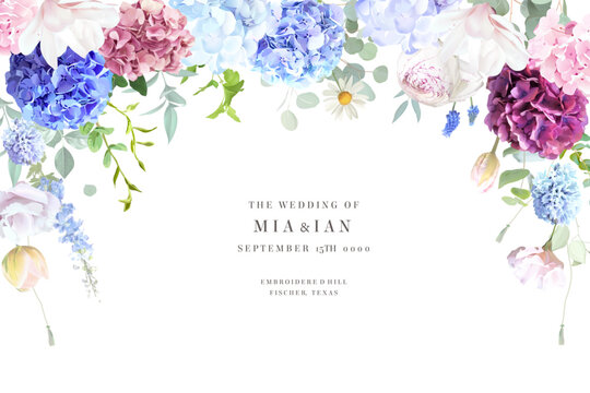 Bridgerton inspired pastel floral vector design frame. Blue delphinium, hydrangea, white magnolia, tulips, rose, hyacinth, greenery and plants card. All flowers and branches are isolated and movable