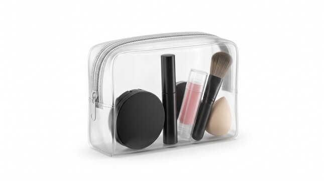 Transparent cosmetic bag with makeup essentials, clear plastic toiletry pouch for travel, beauty products and brushes in see-through organizer