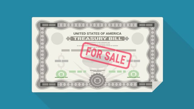 Animated US treasury bill dropping and stamped for sale, representing government debt liquidation, fixed income divestment, and bond trading.
