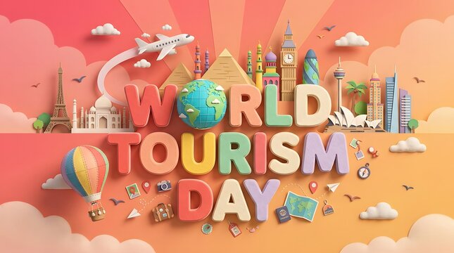 World tourism day papercraft illustration with landmarks and travel elements