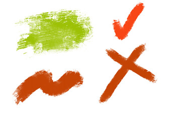 Set of hand-drawn crayon style check mark and cross symbols with brush strokes © graphic