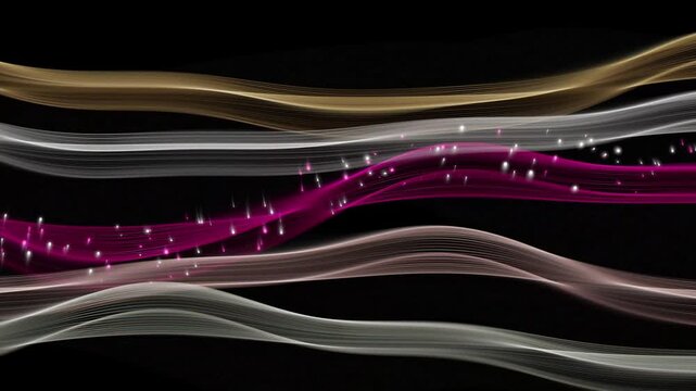 Layered gold pink and white flowing waves on black background