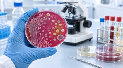 Obraz premium Petrischale mit Bakterienkulturen in medizinischem Labor für mikrobiologische Untersuchung