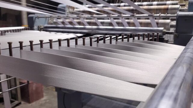 White Elastic Tape Production on Industrial Textile Loom Machine.
Close up of automated industrial loom machine producing white woven elastic bands in a modern textile factory.

