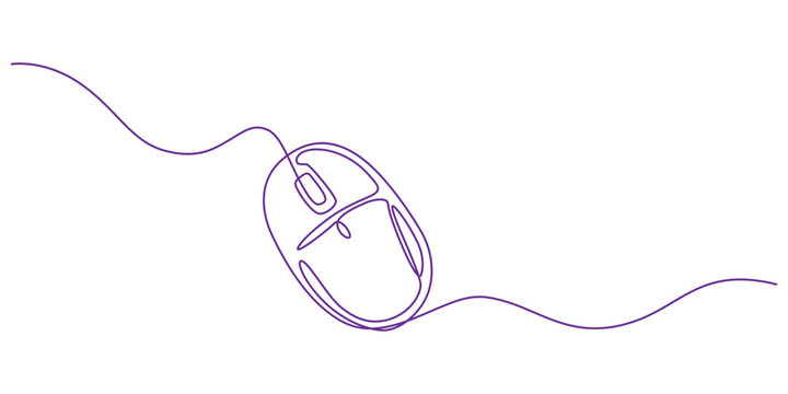 Continuous single line drawing of a computer mouse with a purple line