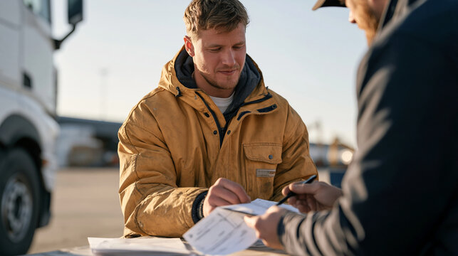 Young Scottish dock hand in weathered rain jacket receiving a signature on a delivery manifest from a truck driver at a coastal port warehouse, documentation exchange, proof of