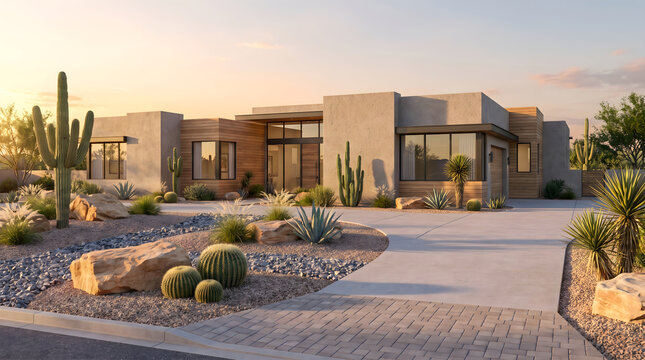 Stunning arizona front yard of modern desert home with native cactus and landscaping at sunset