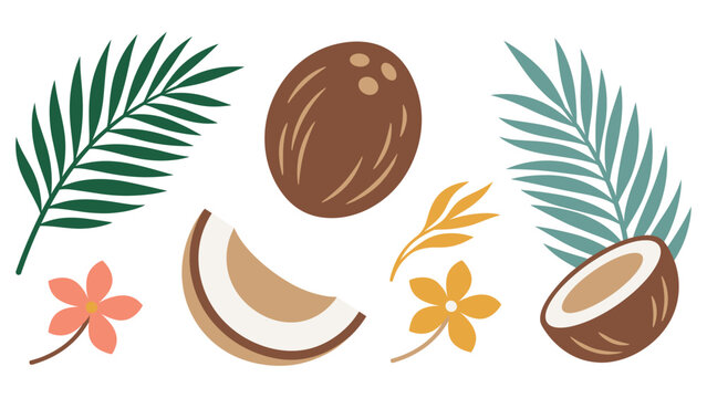 Tropical coconut collection with palm leaves and exotic flowers set.