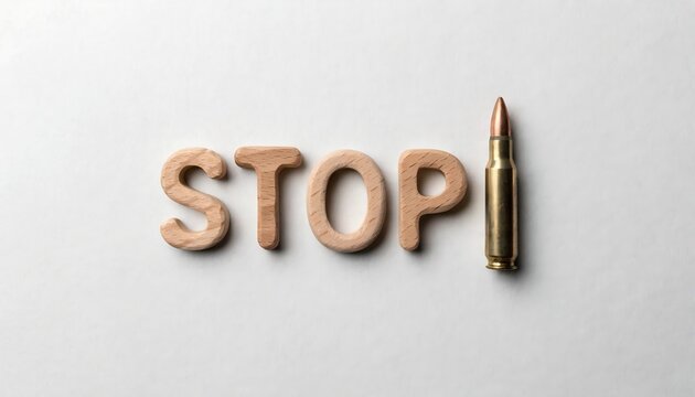 Wooden stop letters with bullet cartridge anti war and gun violence control concept.