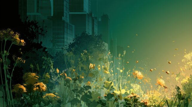 A wide view shows an abstract city transitioning as flowering plants and bees reclaim the space from right to left, signaling hope and renewal.