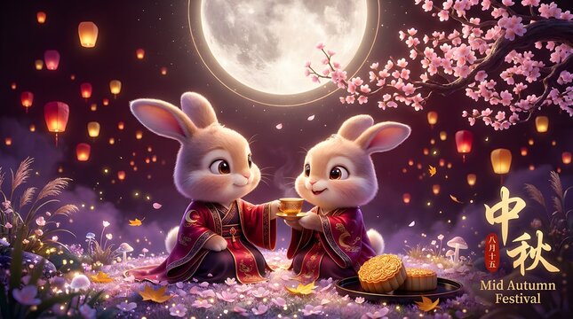 Two rabbits share tea under a full moon during mid autumn festival