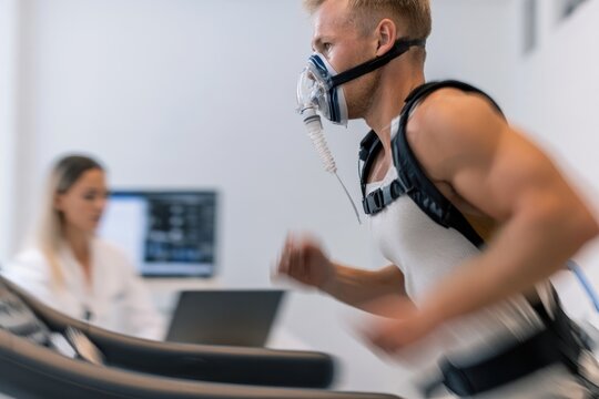 A muscular Caucasian male athlete runs mid-stride on a treadmill while wearing an oxygen mask during a professional physical performance test in a clinic.