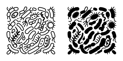 Fototapeta premium Microscopic Bacteria Collection, Diverse Microorganism Shapes, Scientific Illustration, Black and White Vector Art
