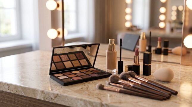 Professional makeup collection on marble vanity, luxury cosmetic products and eyeshadow palette, elegant beauty salon dressing table with lit mirror