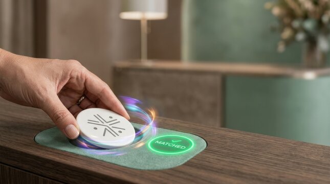 Close-up of a hand placing a wireless charging pad on a green charging surface with a glowing phone icon and digital interface in a modern living room setting