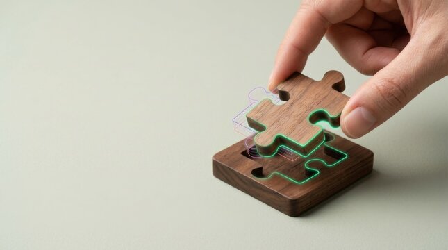 Hand assembling wooden puzzle pieces on a light green background, close-up view of casual adult assembling and solving a wooden brain teaser game