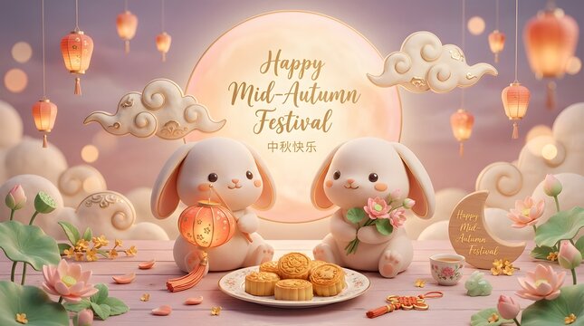 Two rabbits with mooncakes celebrate the mid autumn festival in a 3d rendering