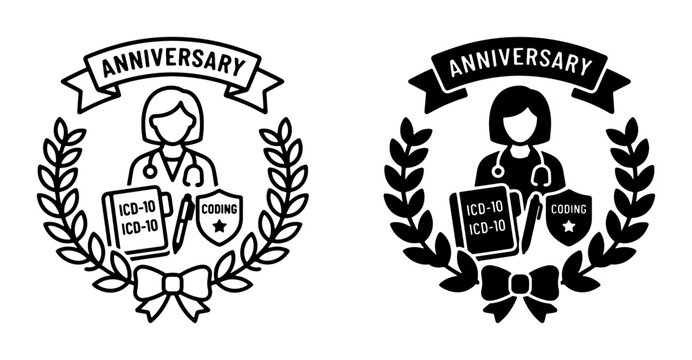 Medical Anniversary Icons, Doctor Celebration Laurel Wreath Vector Set, ICD-10 Coding Emblem