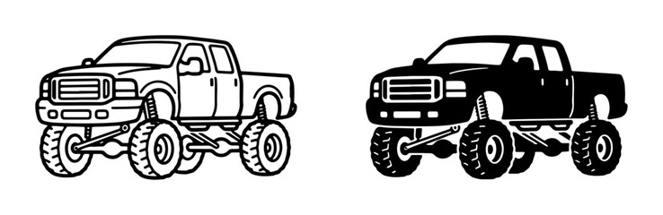 Monster Truck Icons, Lifted Pickup Vector Art, Off-Road Vehicle Graphics, Mudding Truck Silhouettes, Two-Tone Automotive Designs © Riadul