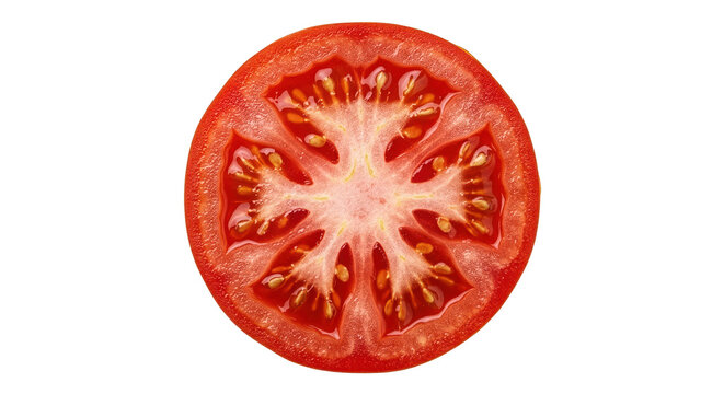 Macro Cross Section of a Fresh Red Tomato Slice Showing Internal Structure and Seeds