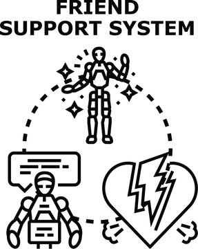 Friend support system concept illustrating robots providing assistance and comfort for a broken heart, representing emotional help and strong relationships