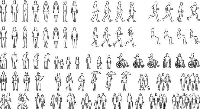 Set of architectural vector silhouettes of people in various poses and activities isolated on white background