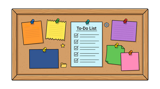 Corkboard with sticky notes and to-do list
