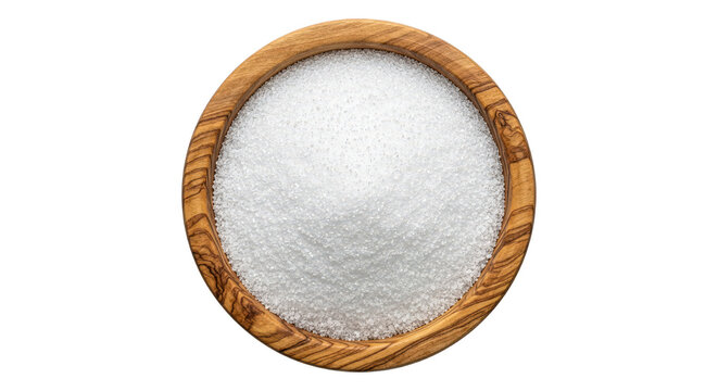 Top Down View of Granulated White Sugar in an Olive Wood Bowl