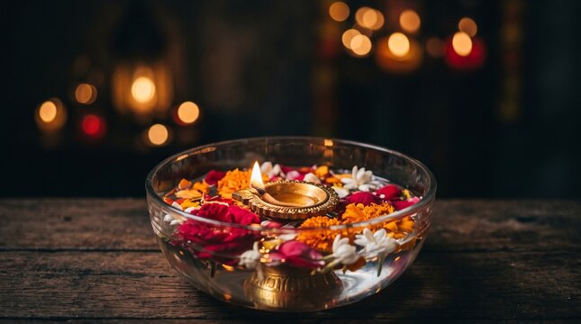Diwali Floating Diya Lamp with Flower Petals in Glass Bowl   