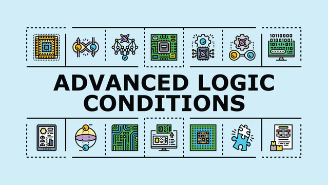 Advanced logic conditions banner infographic. Quantifier deduction, boolean expression, entailment axiom icon vector illustration