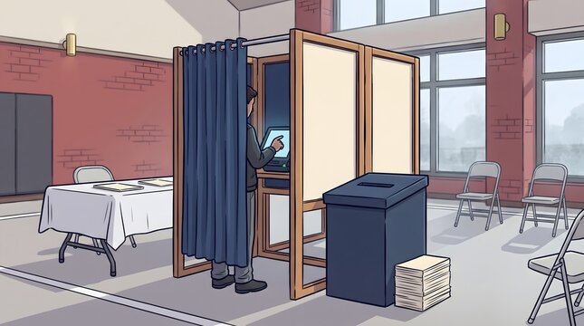 Voter casting a ballot on a digital machine inside a private voting booth at a polling station during an election for democratic participation