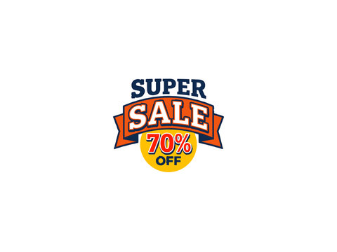 Promotional badge featuring super sale 70 percent off text on an orange ribbon and yellow circle background for retail advertising
