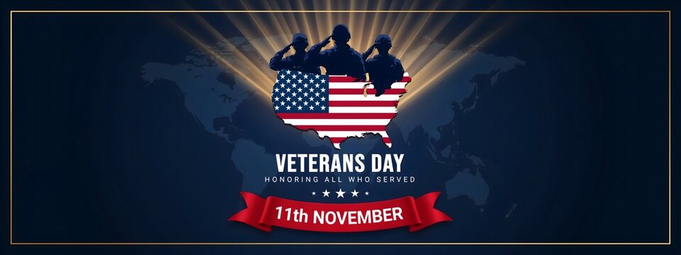 Veterans Day November 11 patriotic banner featuring military silhouettes American flag and red ribbon celebrating veterans service sacrifice honor courage and freedom