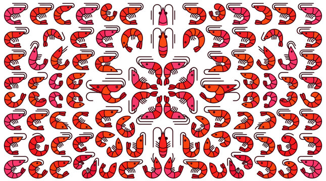 Seafood pattern featuring repeating shrimp vector illustrations arranged in a geometric layout.