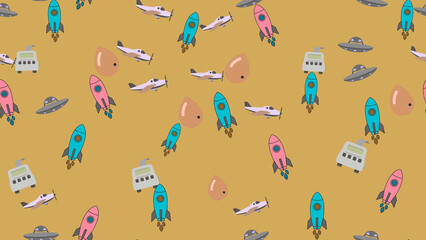 Cartoon rockets, airplanes, UFOs, and abstract shapes pattern © feby