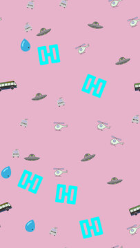 Cartoon objects pattern on pink background