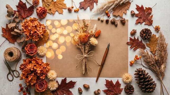 Autumn Flat Lay with Blank Paper, Dried Flowers, Leaves, and Pen   