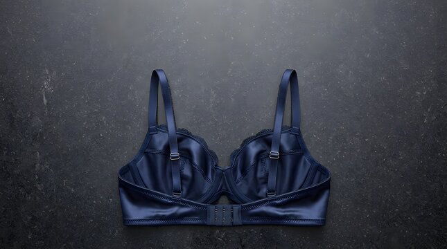 A dark blue satin brassiere displayed on a textured dark grey background.