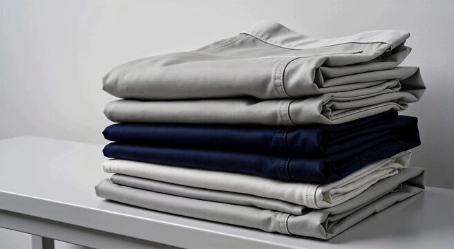 Stack of folded pants on a table