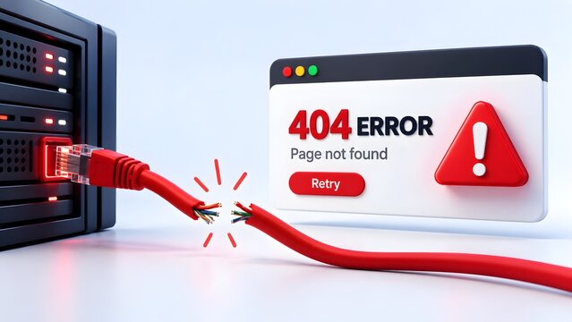 Broken red ethernet cable connected to server rack with 404 error page not found interface