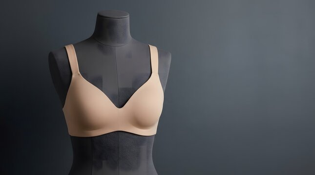 Beige bra on a mannequin against a dark grey background.