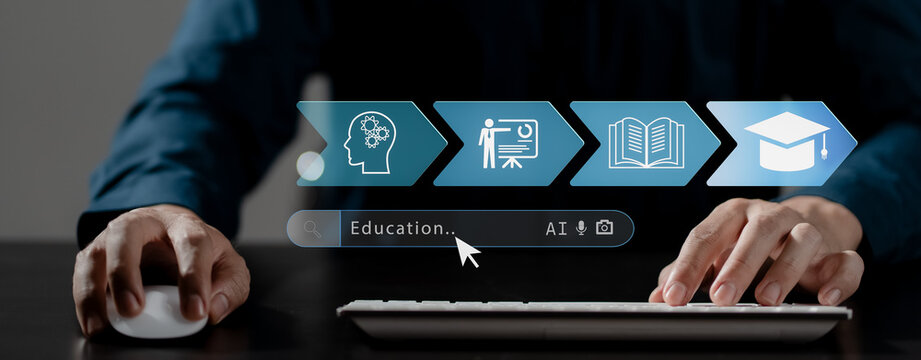 Concept of Online education. man use Online education training and e-learning webinar on internet for personal development and professional qualifications. Digital courses to develop new skills.	